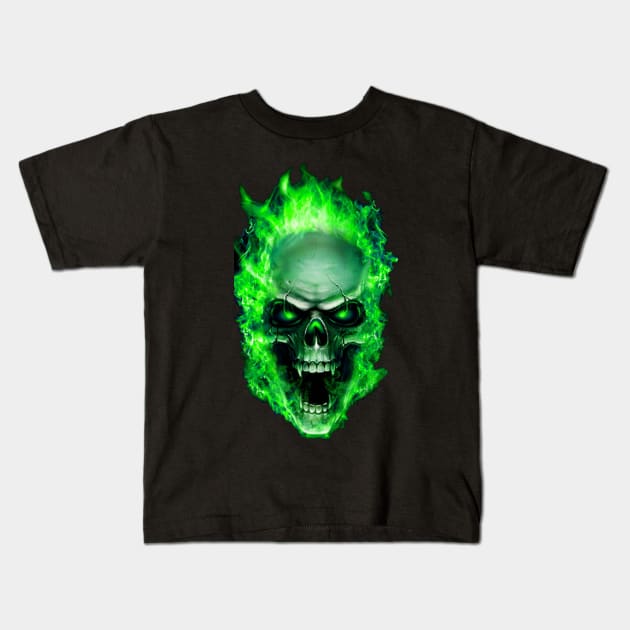 Flaming Skull Kids T-Shirt by NOMAD73
